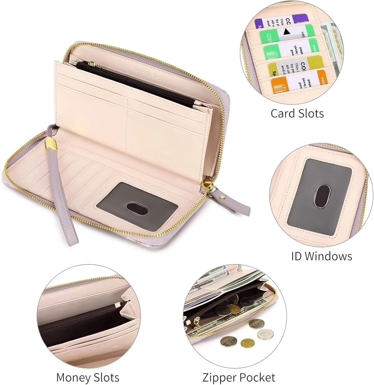 Pomelo Best Wallet Women RFID Blocking Leather Multi Credit Card Large Capacity Zip Around Wallets Clutch with Wristlet Floral Travel Long Purse Purple