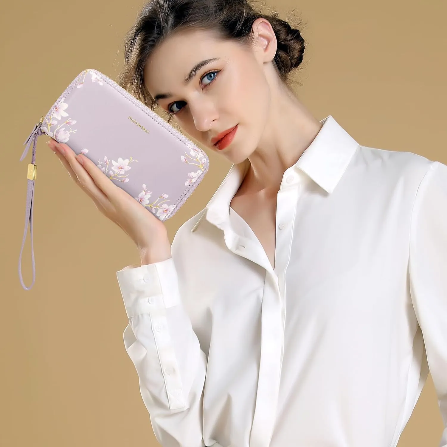 Pomelo Best Wallet Women RFID Blocking Leather Multi Credit Card Large Capacity Zip Around Wallets Clutch with Wristlet Floral Travel Long Purse Purple