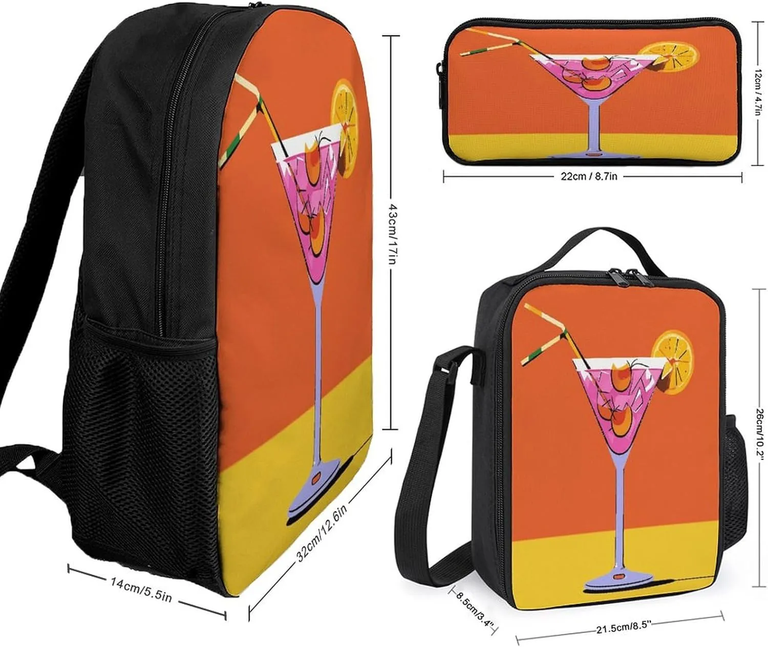 Portable Backpack Set with Lunch Bag & Pencil Case, Cabana Cocktail Color Print 3-in-1 Durable Work Bag,Adjustable Straps,Lightweight & Spacious