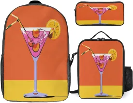 Portable Backpack Set with Lunch Bag & Pencil Case, Cabana Cocktail Color Print 3-in-1 Durable Work Bag,Adjustable Straps,Lightweight & Spacious