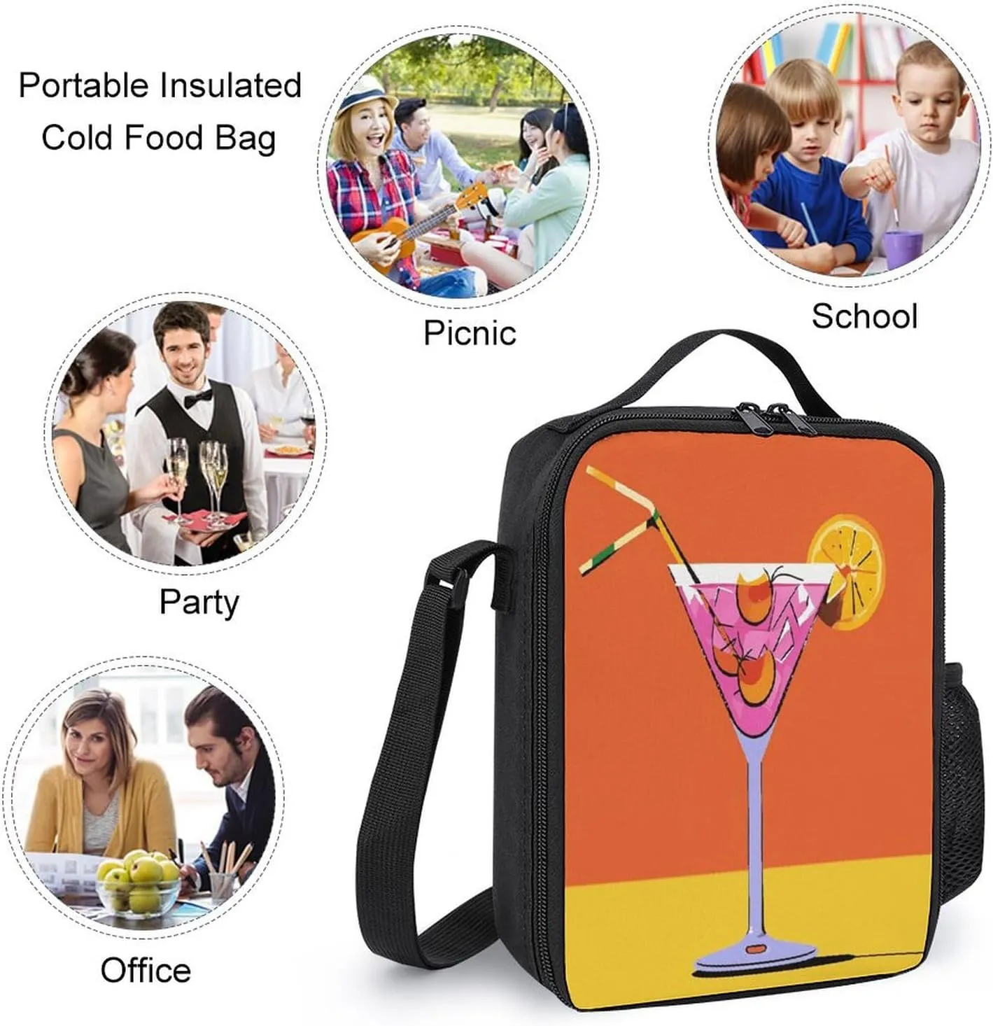 Portable Backpack Set with Lunch Bag & Pencil Case, Cabana Cocktail Color Print 3-in-1 Durable Work Bag,Adjustable Straps,Lightweight & Spacious
