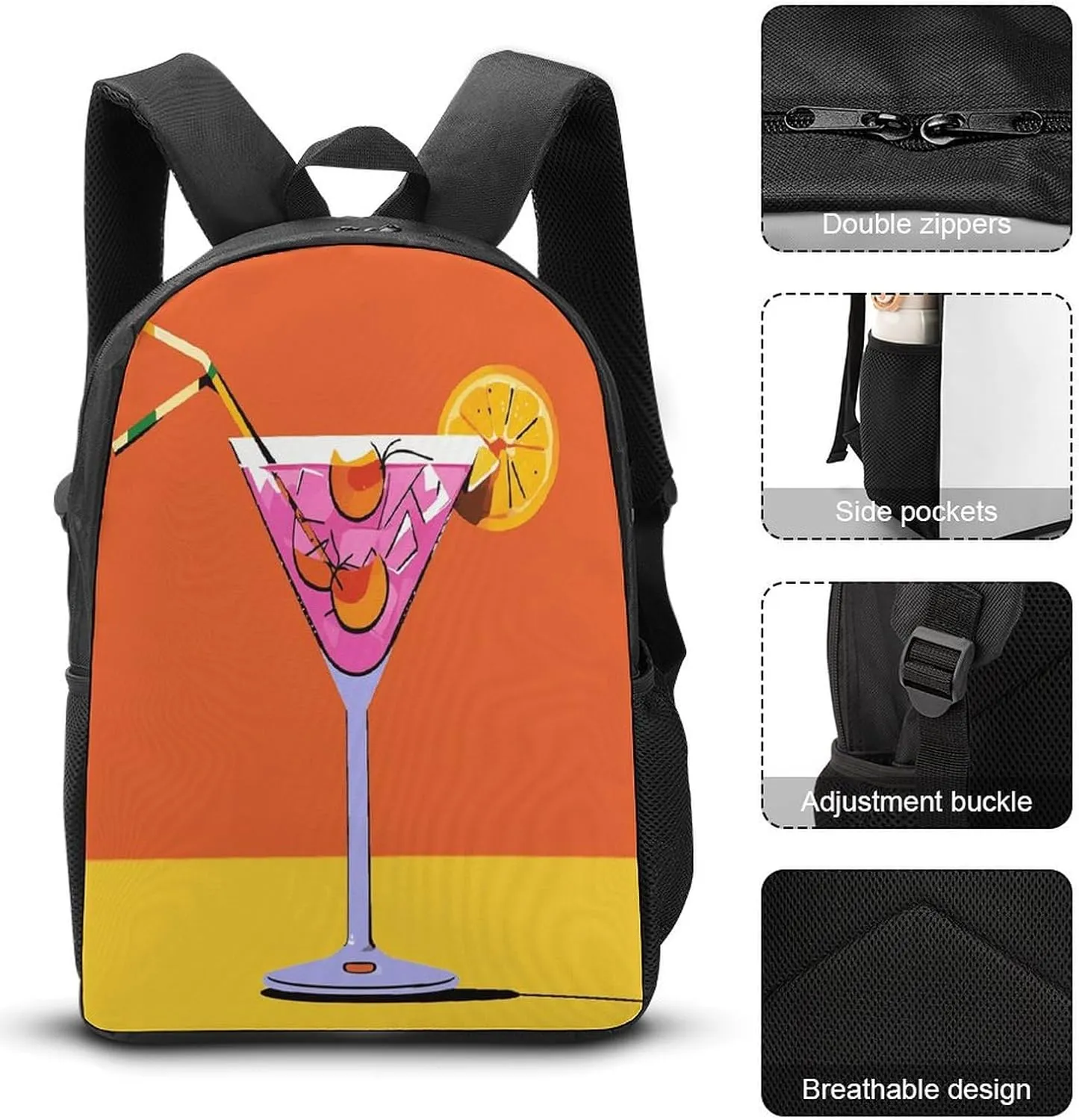 Portable Backpack Set with Lunch Bag & Pencil Case, Cabana Cocktail Color Print 3-in-1 Durable Work Bag,Adjustable Straps,Lightweight & Spacious