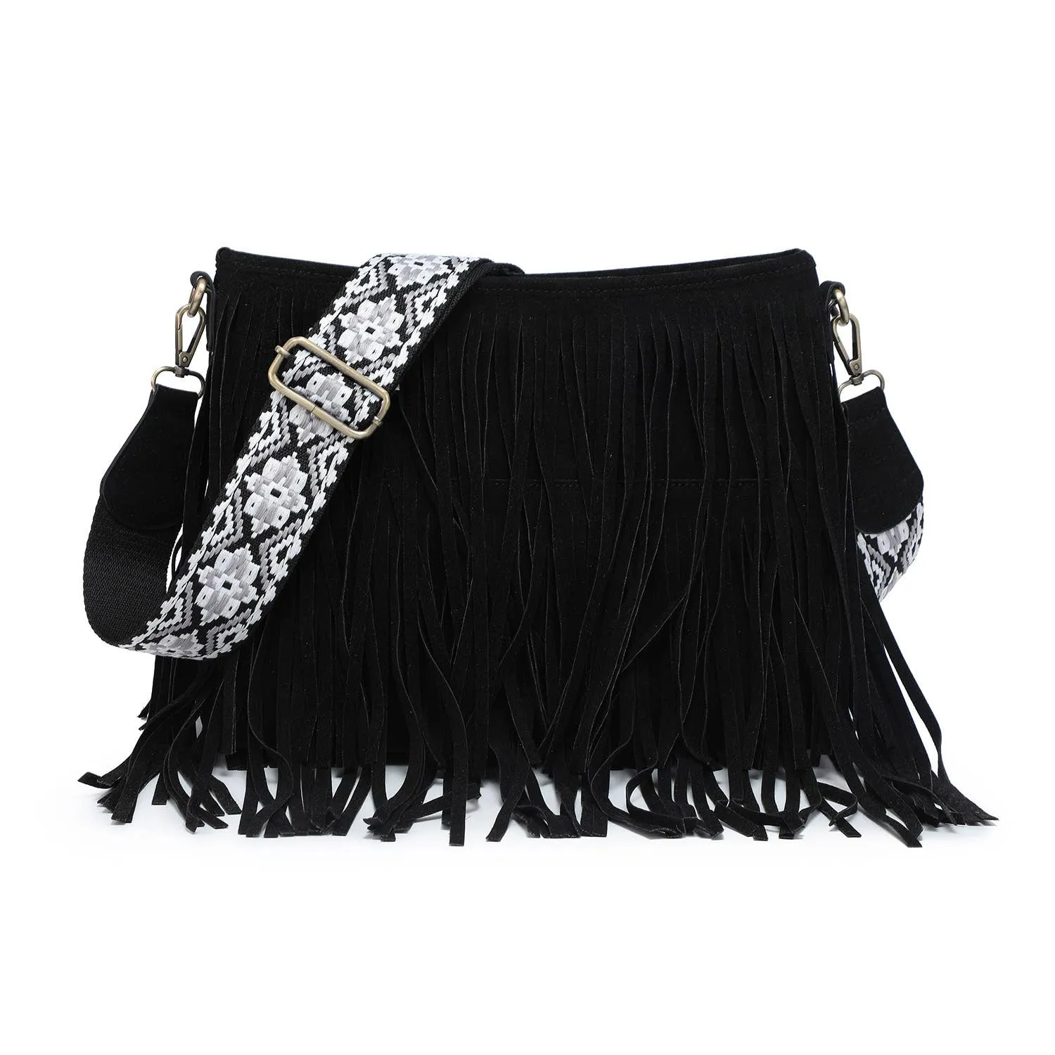Sadie Black  Suede Fringe Crossbody w/ Guitar Strap