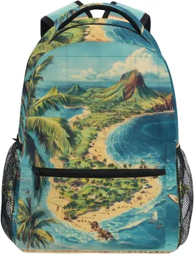Sea Island Palm Tree Beach Backpack 3rd 4th 5th Grade School Bookbag Travel Laptop Daypack Bag Purse for Boys Girls Teens