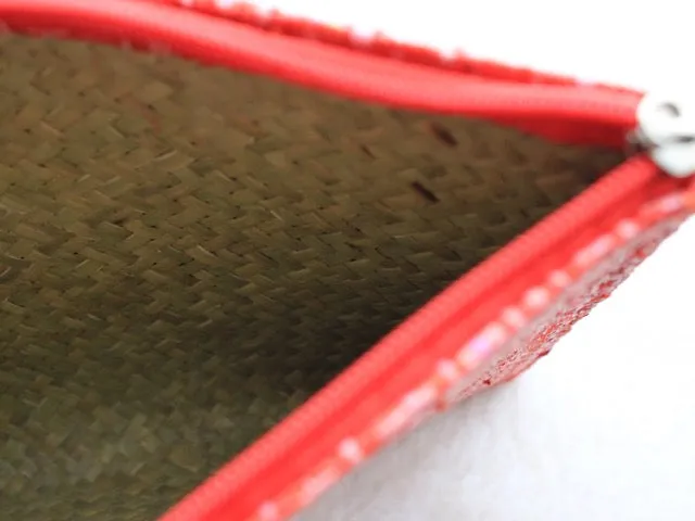 set of 3 hot pink and red raffia woven clutches with leather trim