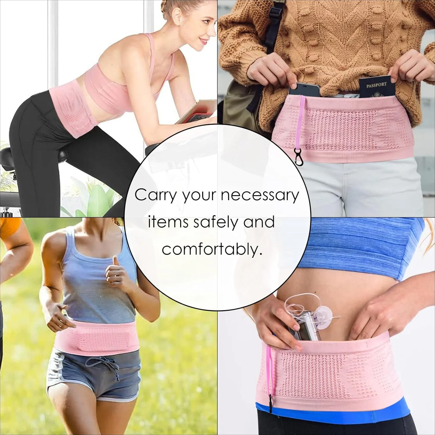 Slim Running Belt, Hidden Running Belt Fanny Pack for Men Women, Travel Running Waist Belt for Money and Passport (Pink, Small)