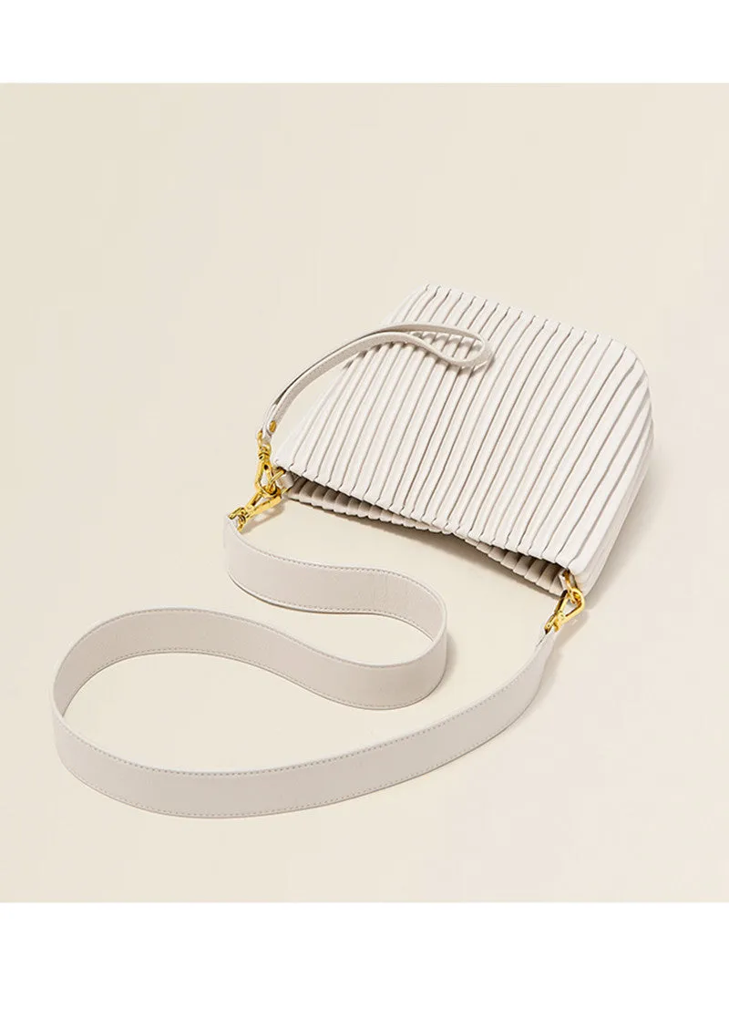 Striking Pleat Leather Shoulder Bucket Bag