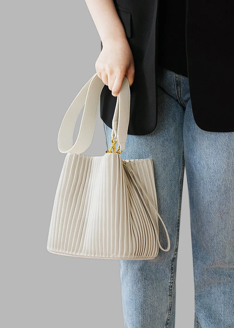 Striking Pleat Leather Shoulder Bucket Bag