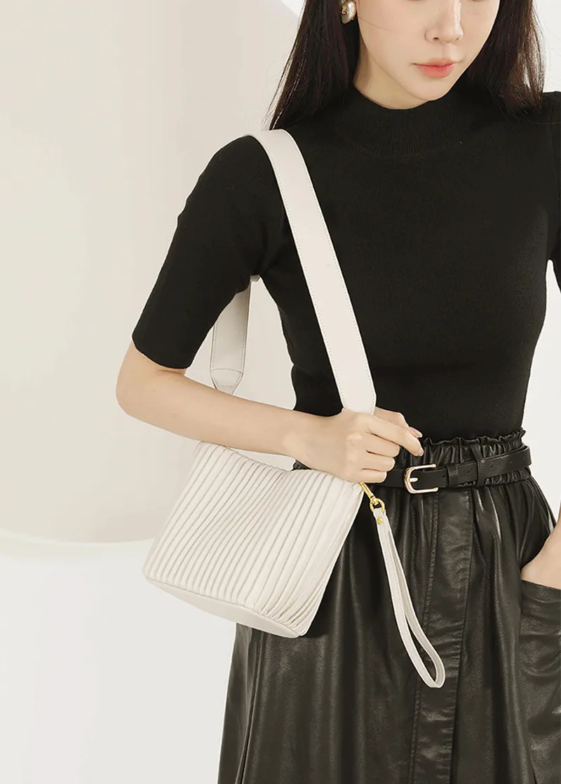 Striking Pleat Leather Shoulder Bucket Bag