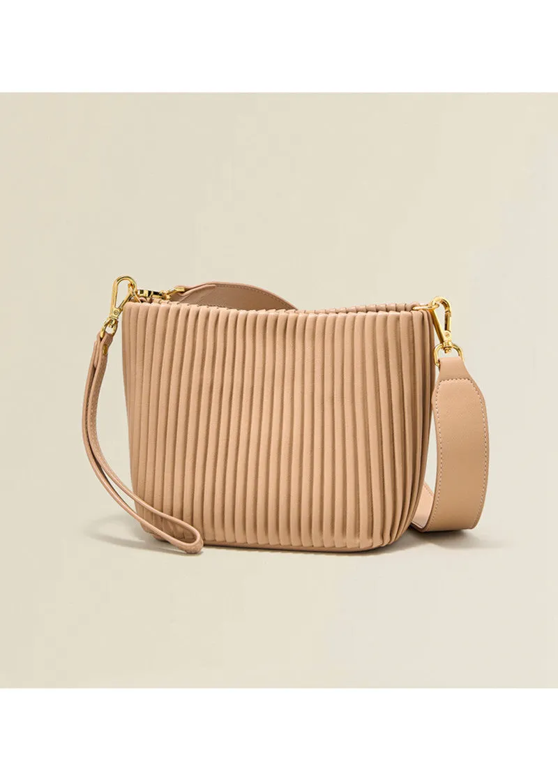 Striking Pleat Leather Shoulder Bucket Bag