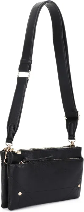 Two-Tone Multi-Compartment Crossbody Bag with Adjustable Detachable Strap, Gold Hardware, and Stitched Detailing