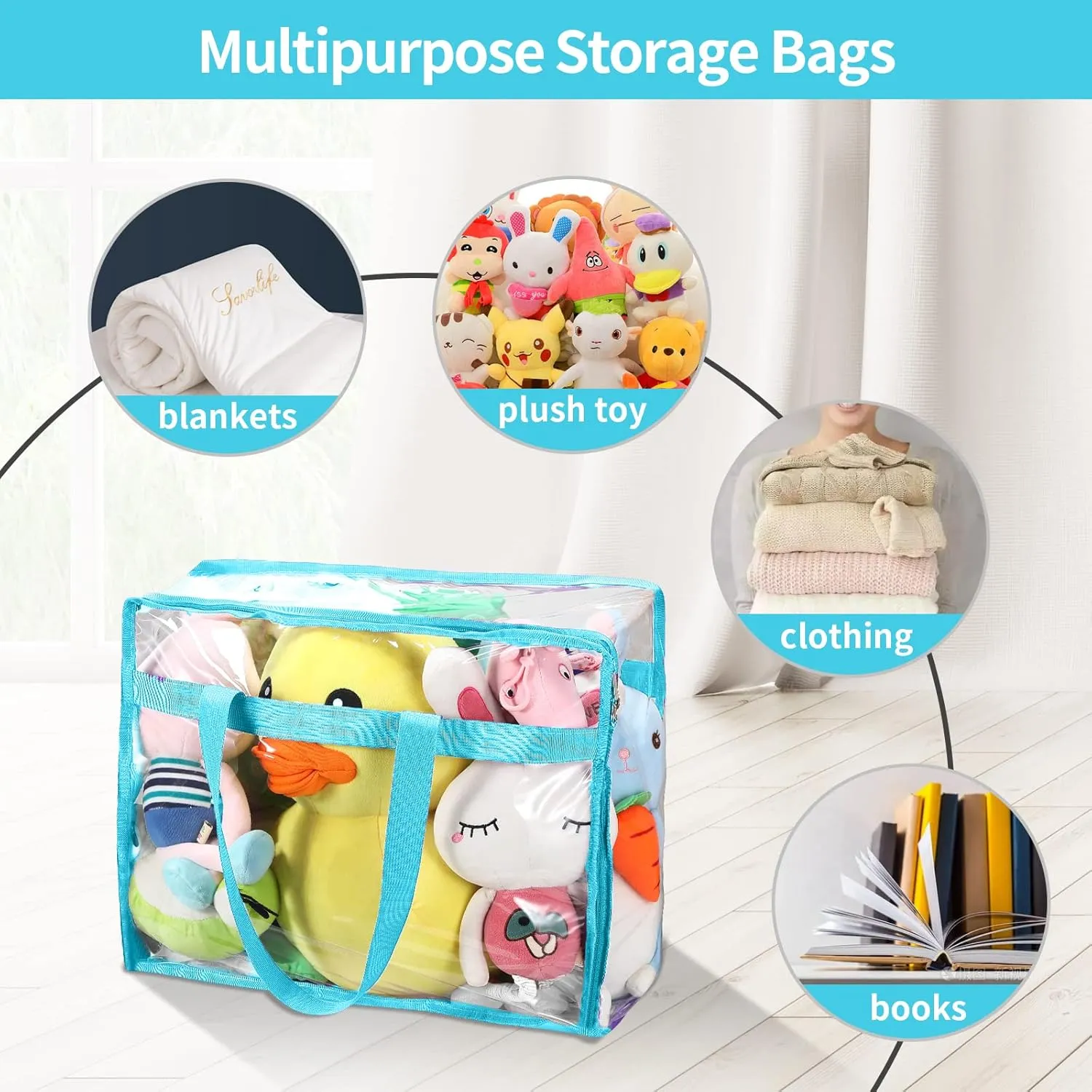 Vinyl Storage Bags for Sheet, Thin Blanket, Sofa Pillow, Clothes (Blue)
